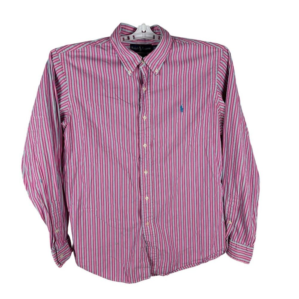 Ralph Lauren Mens Pink & Blue Striped Custom Fit Long Sleeve Shirt Size L